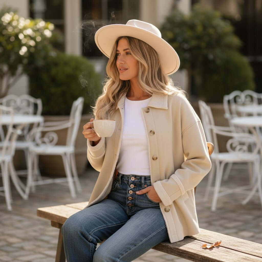 CAFE CREAM SUEDE JACKET worn by a woman sipping coffee in a stylish outdoor cafe setting.