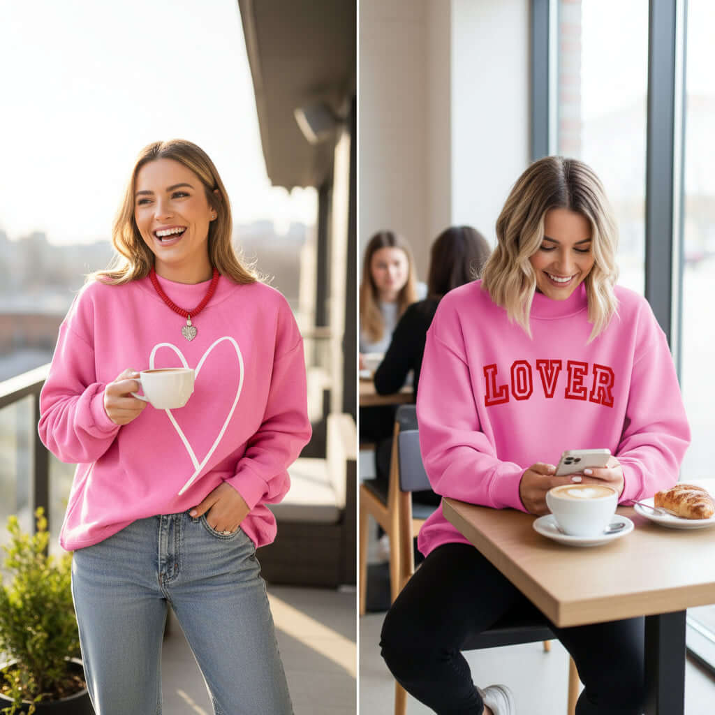 DOUBLE THE LOVE REVERSIBLE PULLOVER in bright pink with heart and LOVER graphics, showcased by models.