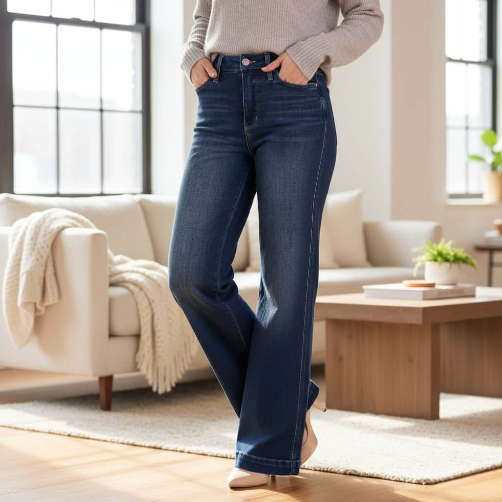 JUDY BLUE RAINA JEANS high rise dark wash retro wide leg style worn by a model in a modern living room.