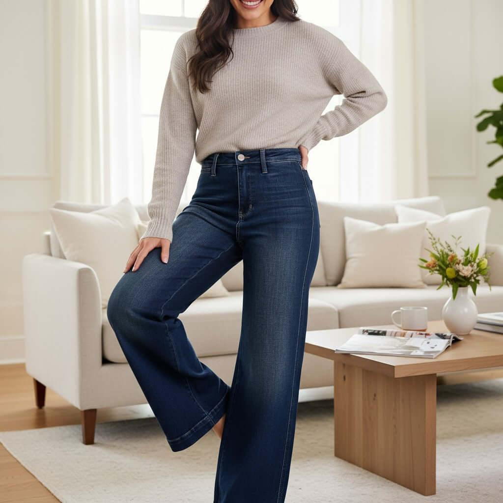 Model wearing JUDY BLUE RAINA JEANS high rise dark wash wide leg style in a cozy living room setting.