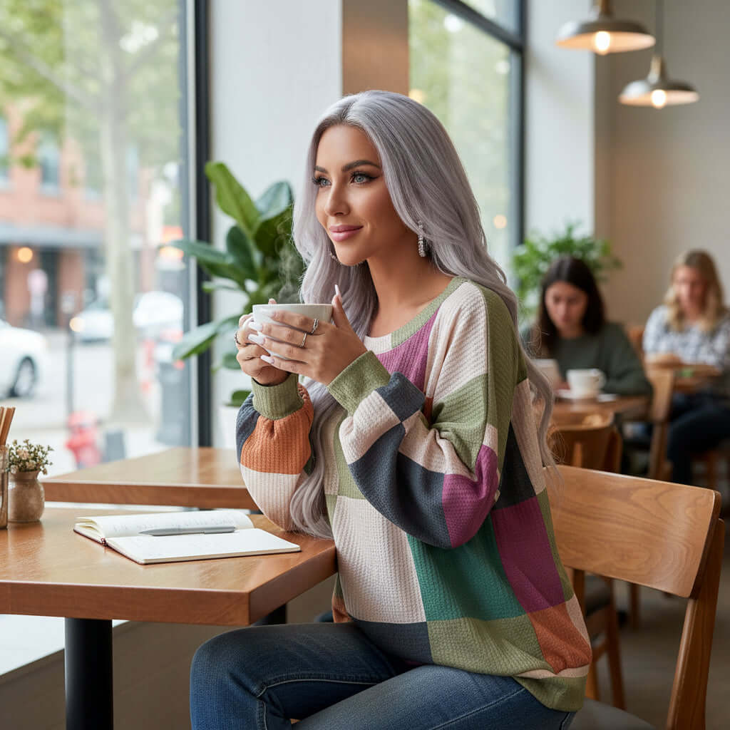 CHECK MIXED TOP - Woman sipping coffee in cozy checkered print top with autumn colors at a café.