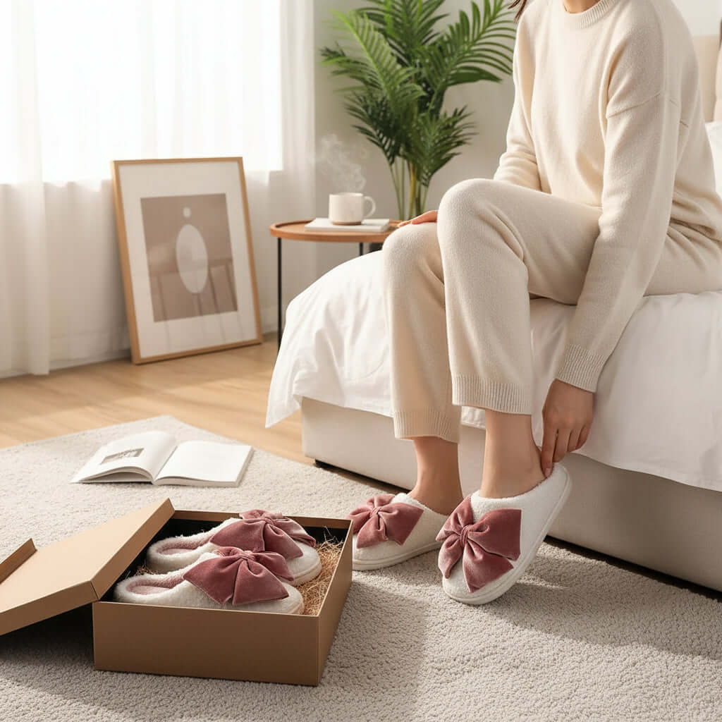 SWEET RETREAT BOW SLIPPERS being worn by a person in a cozy, stylish indoor setting.