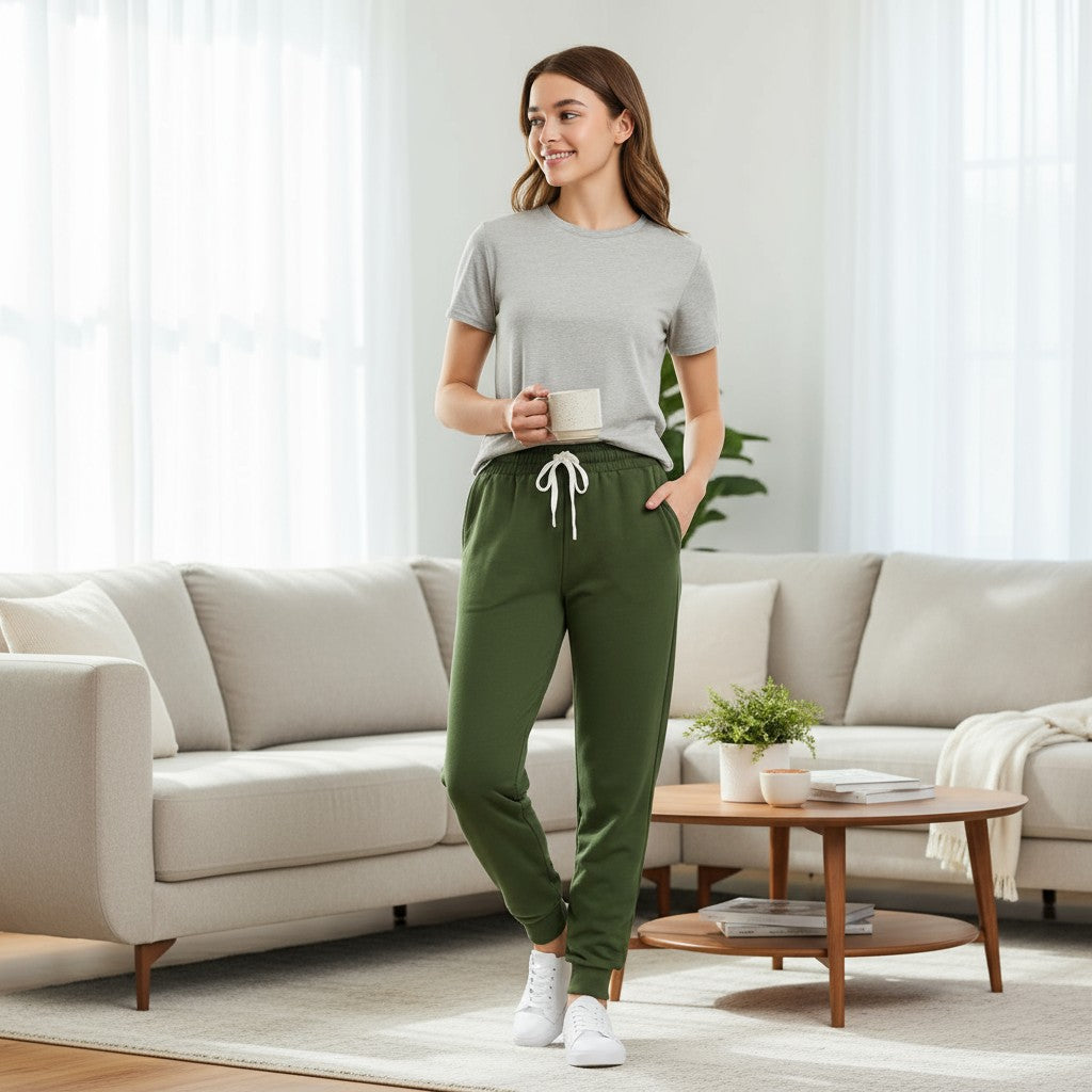 OLIVE YOU JOGGERS worn by a woman in a cozy living room, showcasing soft olive drawstring jogger sweatpants.
