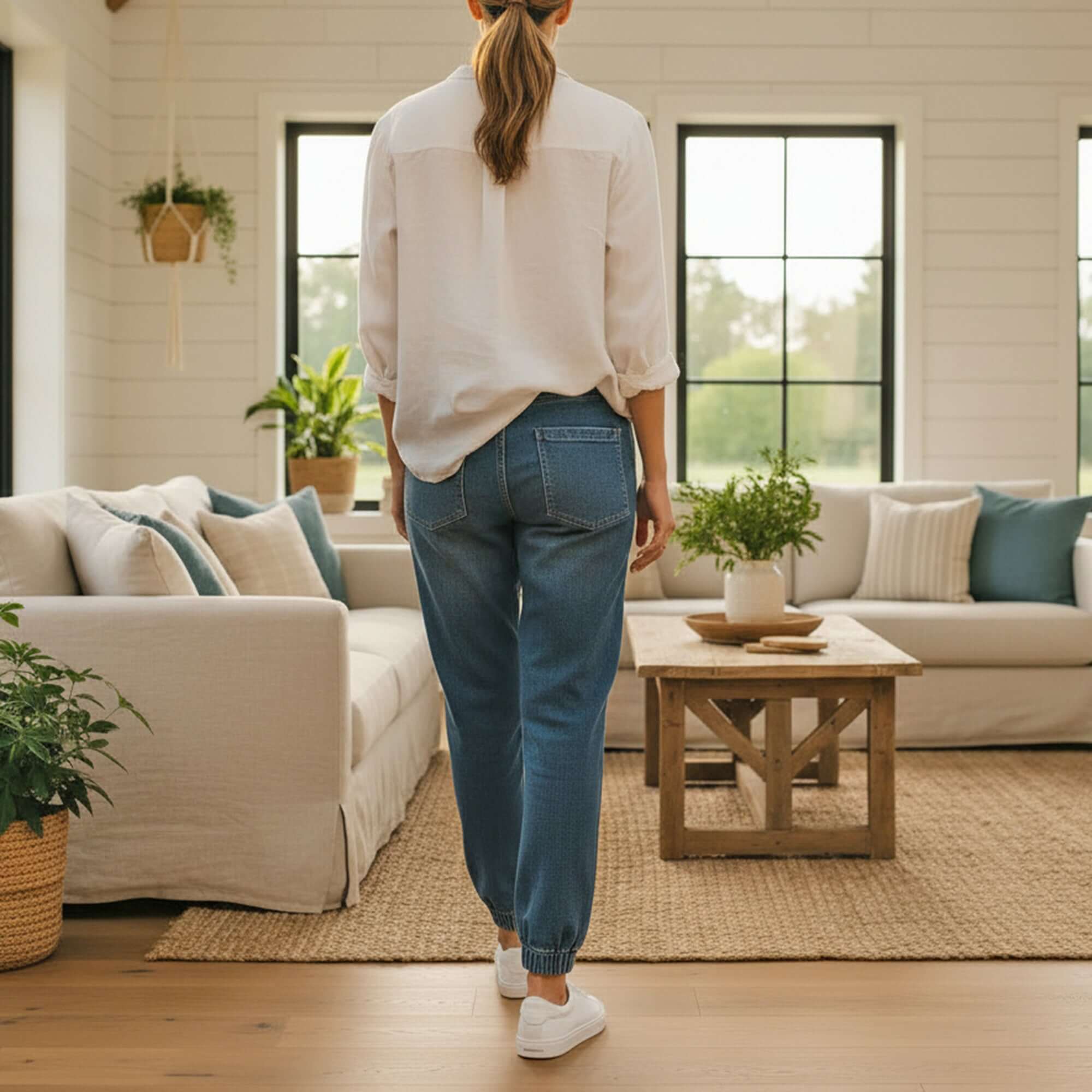 Woman wearing YARA JOGGERS by Risen Denim, showcasing a relaxed fit and stylish look in a cozy living room.