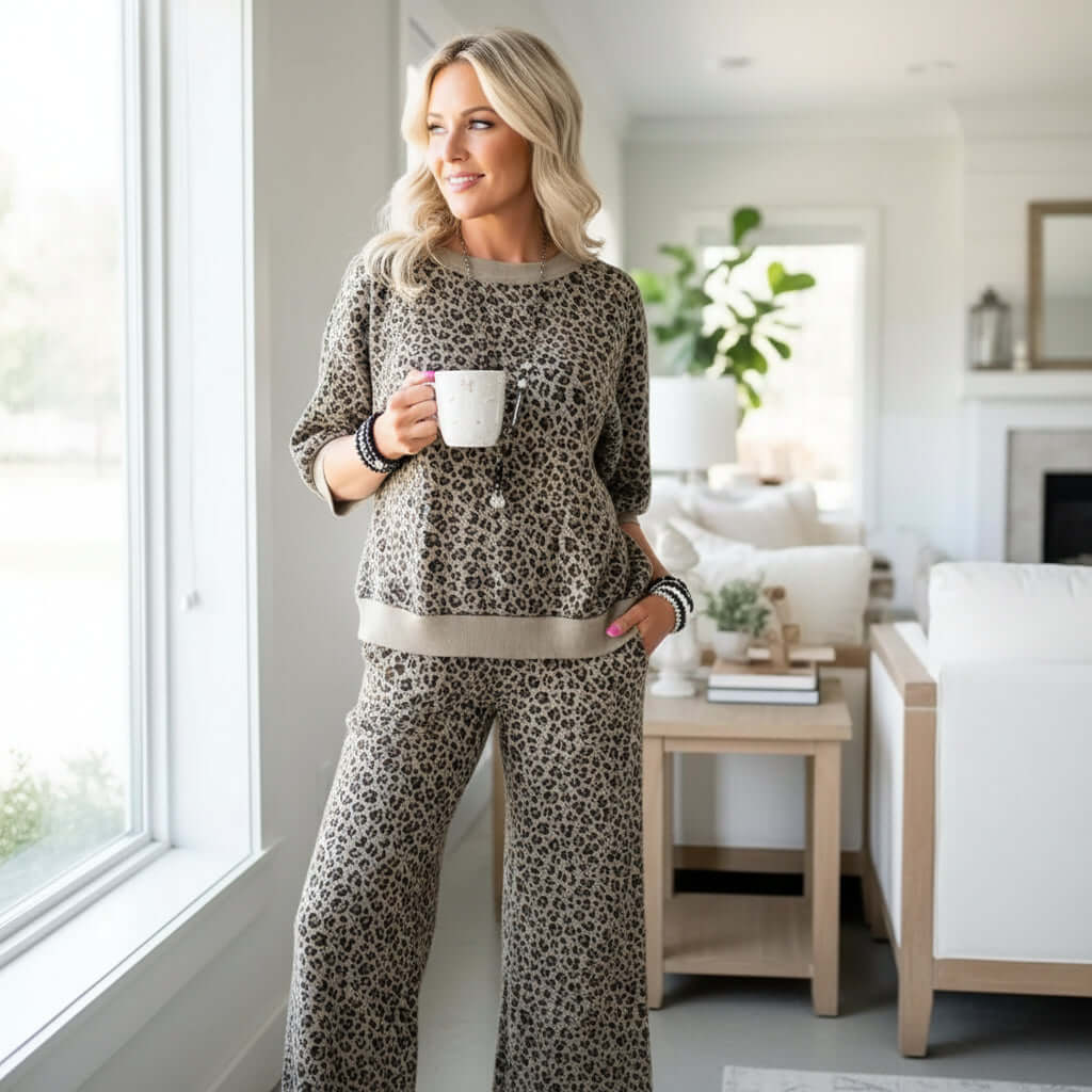 GROUNDED GRACE 2 pc Lounge Set featuring chic khaki leopard print and relaxed silhouette for stylish comfort.