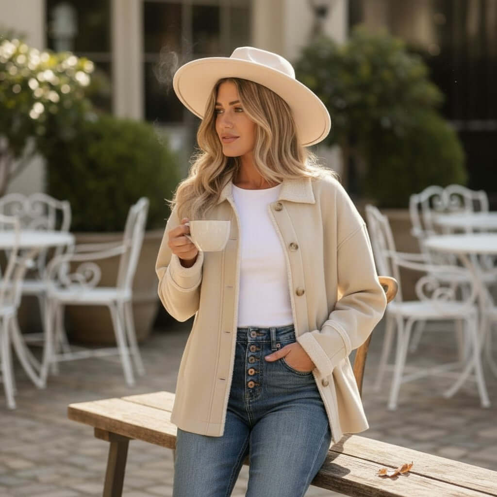Café Cream Suede Jacket worn by a woman sipping coffee outdoors, showcasing its stylish design and cozy fit.