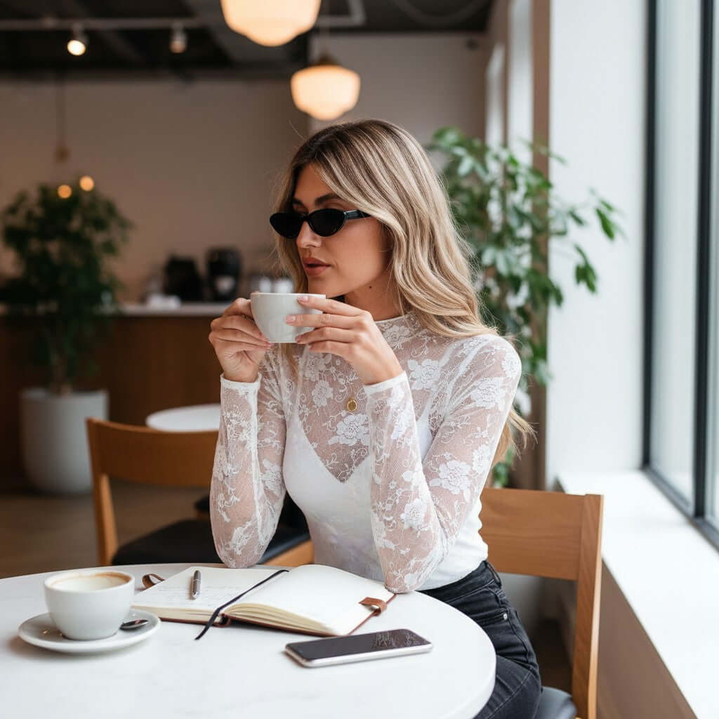 FLORAL FROST MESH TOP worn by a woman in sunglasses, sipping coffee at a cafe, showcasing a stylish and elegant look.