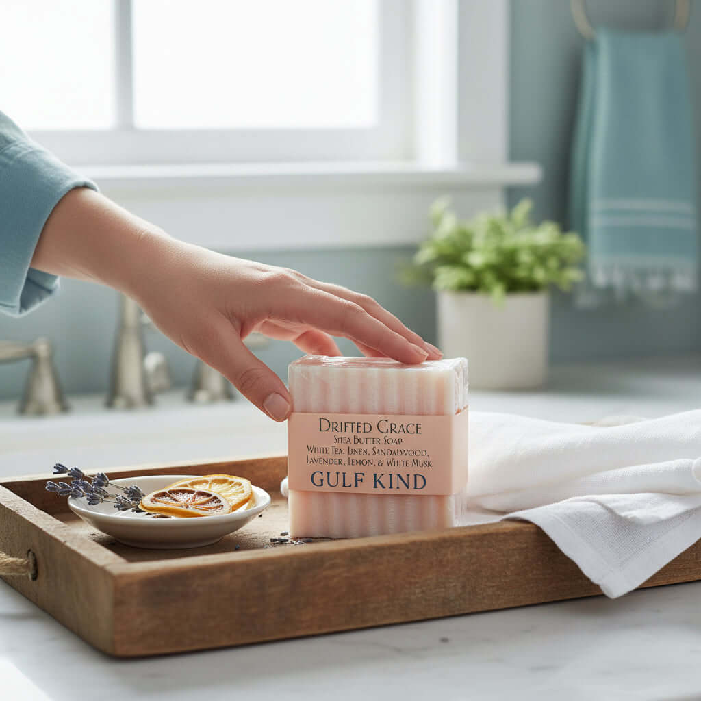 Drifted Grace Shea Butter Soap by Gulf Kind resting on a wooden tray with dried citrus and a white towel.