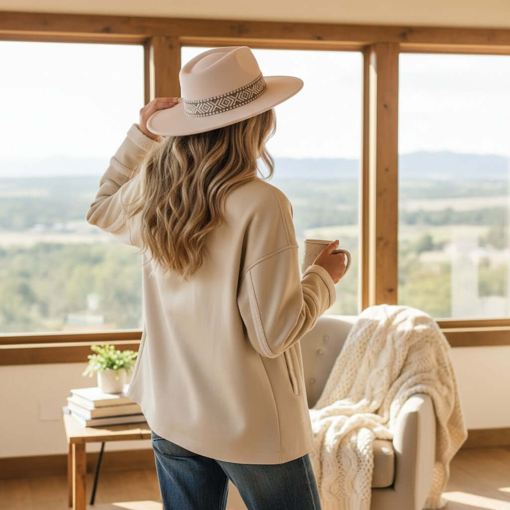 A woman wearing a CAFE CREAM SUEDE JACKET and a hat, enjoying coffee with a scenic view.