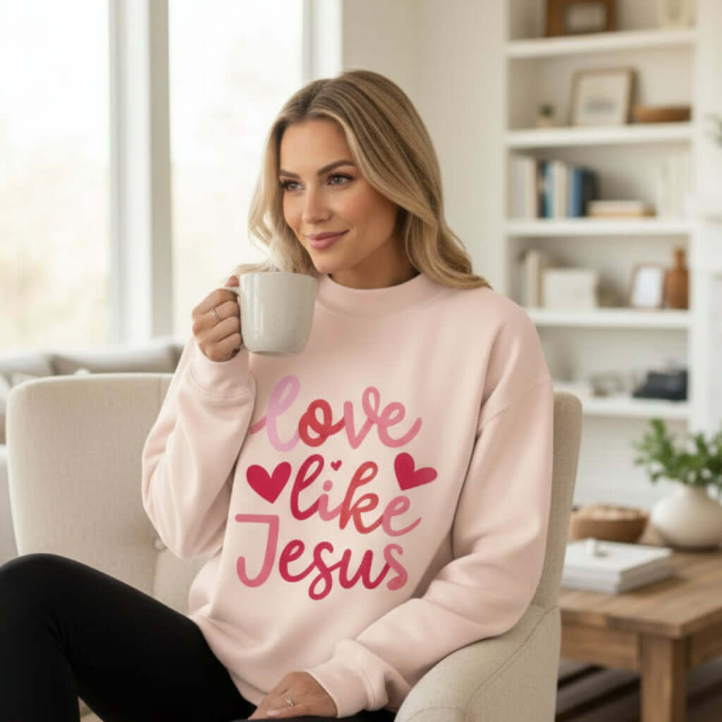 A woman enjoying a cozy moment in a soft Love Like Jesus pullover while sipping coffee at home.