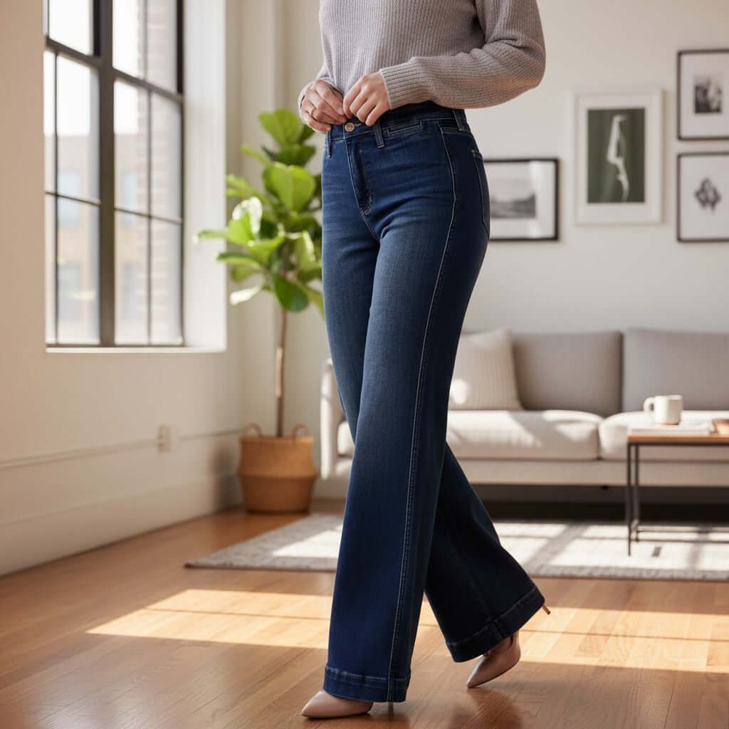 JUDY BLUE RAINA JEANS high rise dark wash retro wide leg style model showcasing flattering fit in modern living room.