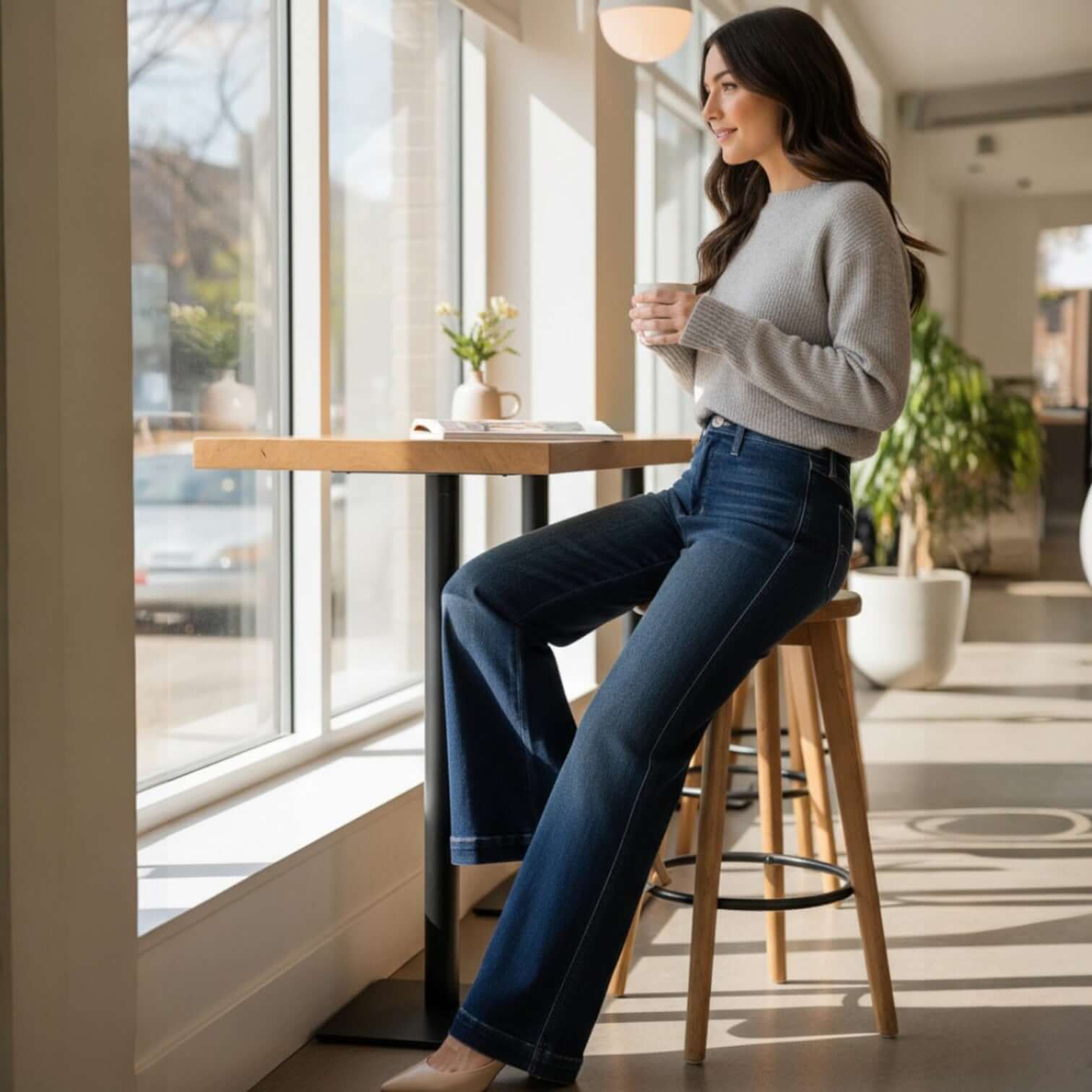 Woman wearing JUDY BLUE RAINA JEANS, high rise retro wide-leg style in dark wash, sitting at a cafe table.
