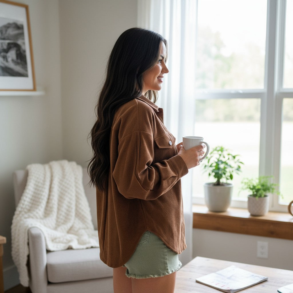 Model wearing a cozy CINNAMON RIDGE JACKET, holding a cup, in a bright, comfortable living room.