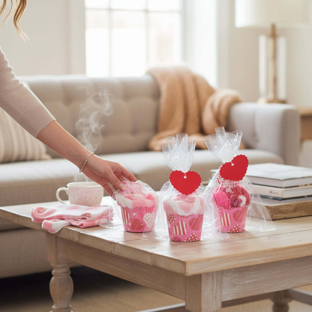 Too Cute to Eat Valentine Sock Cupcakes wrapped in cellophane with heart tags on a coffee table