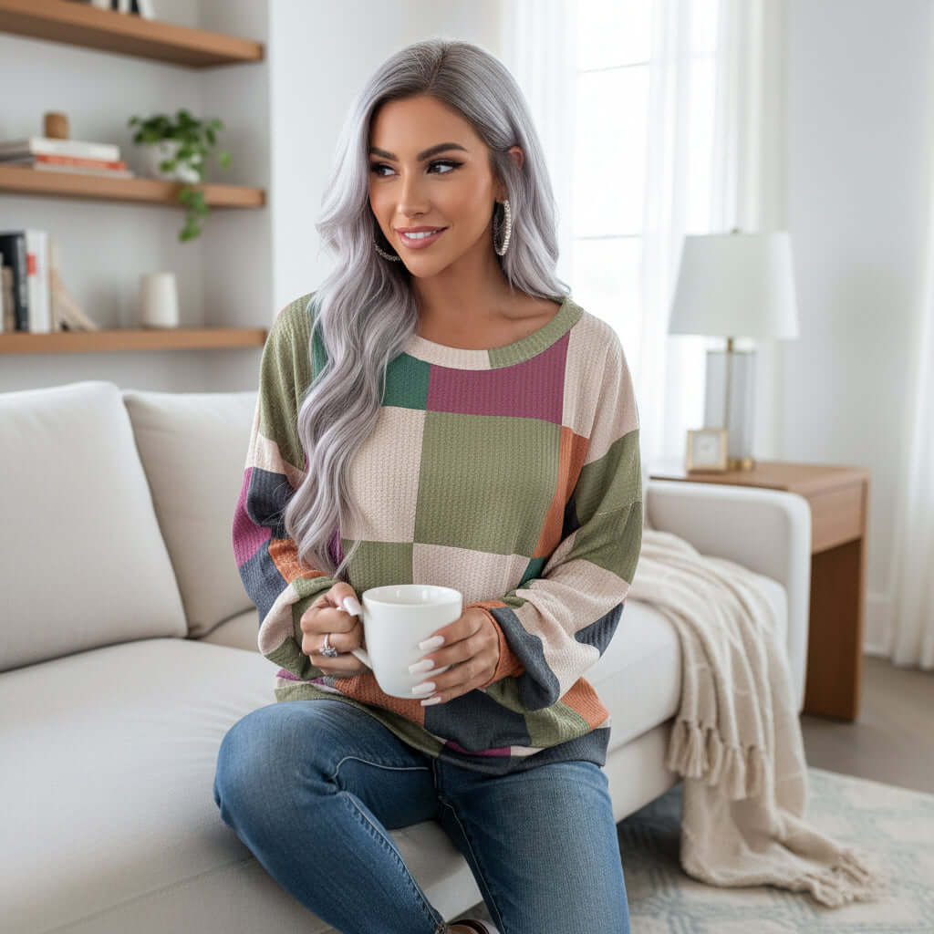 CHECK MIXED TOP – Stylish woman wearing a checkered print textured knit long sleeve top while holding a mug.