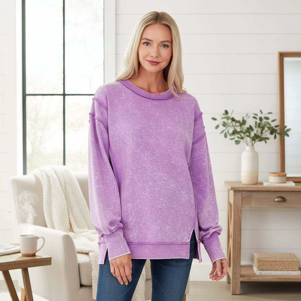 WEEKEND CREW PULLOVER - Zenana in violet, featuring a relaxed fit and mineral wash finish, perfect for laid-back days.