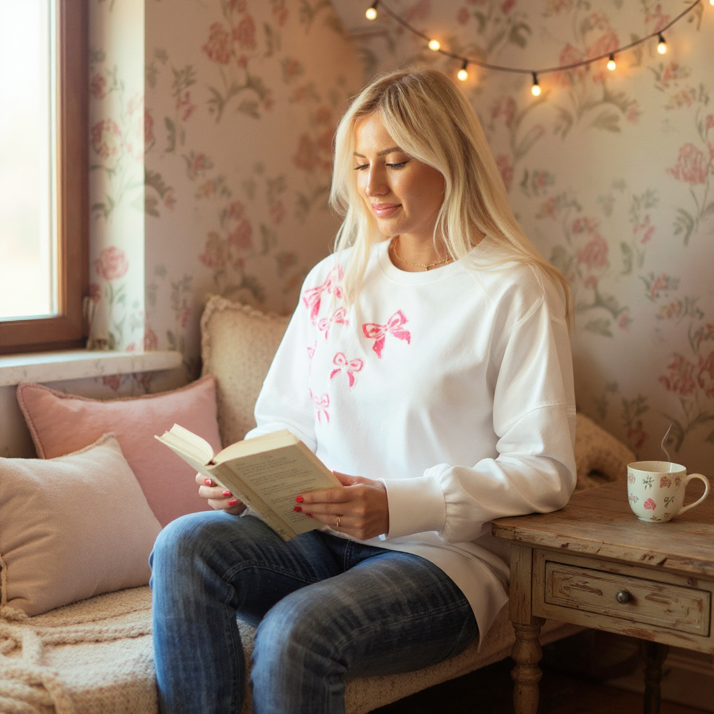 Model wearing the DARLING DETAILS TOP while reading in a cozy, decorated room with soft lighting.