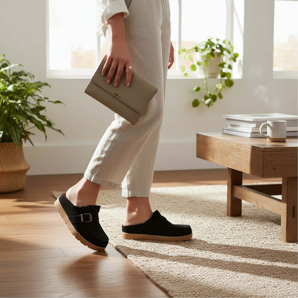 A model wearing LAIDBACK LUXE SLIDES (black) with a casual outfit in a stylish interior setting.