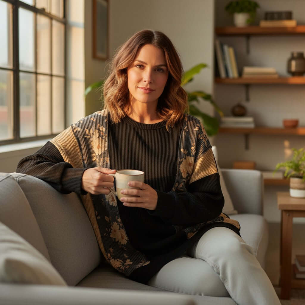 HOMETOWN HARMONY TOP - Heimish model sitting on a couch, enjoying a cup of coffee, showcasing floral color block design.