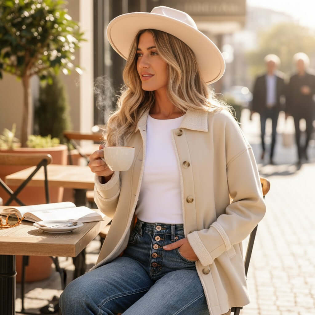 Café Cream Suede Jacket worn by a woman sipping coffee, styled with casual denim and a wide-brimmed hat in a sunny outdoor setting.
