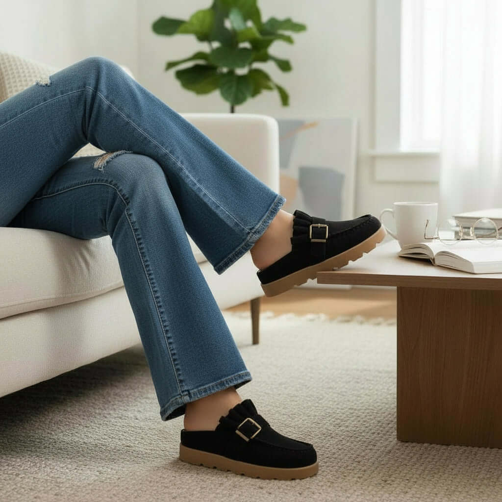 Cozy lifestyle image showcasing LAIDBACK LUXE SLIDES (black) worn with casual jeans in a modern living room.