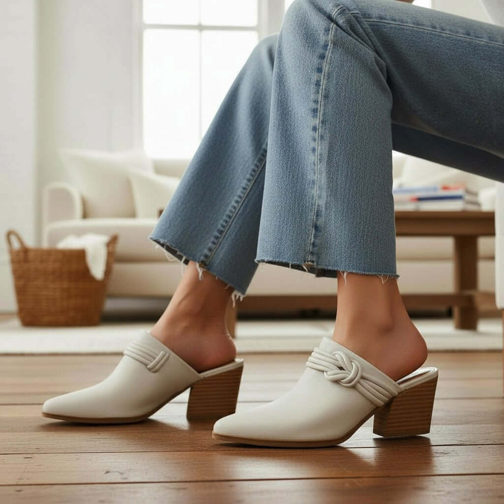 Stylish HAZEL SLIP-ON MULES with knotted strap worn with denim in a cozy living room setting.