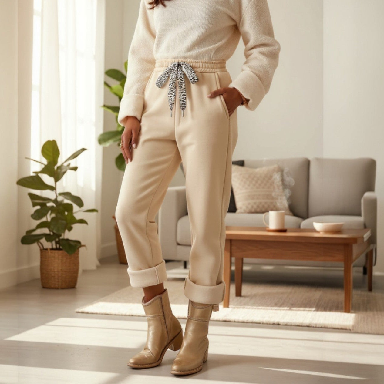 A model wearing COMFORT CULTURE PANTS (cream) with leopard drawstring, showcasing cozy fleece lining in a stylish living room.