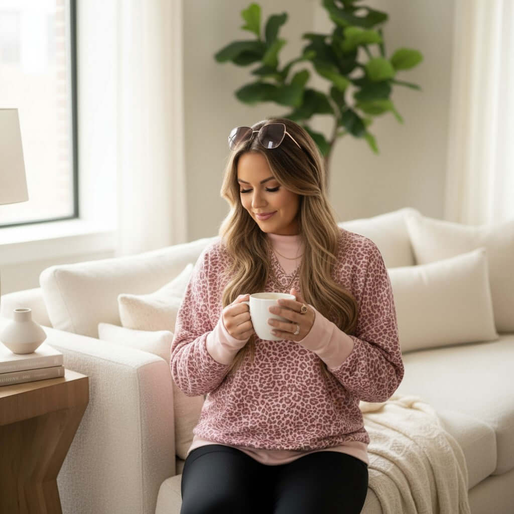 Woman enjoying coffee in cozy LAZY DAY LEOPARD CREWNECK pink leopard print sweatshirt at home.