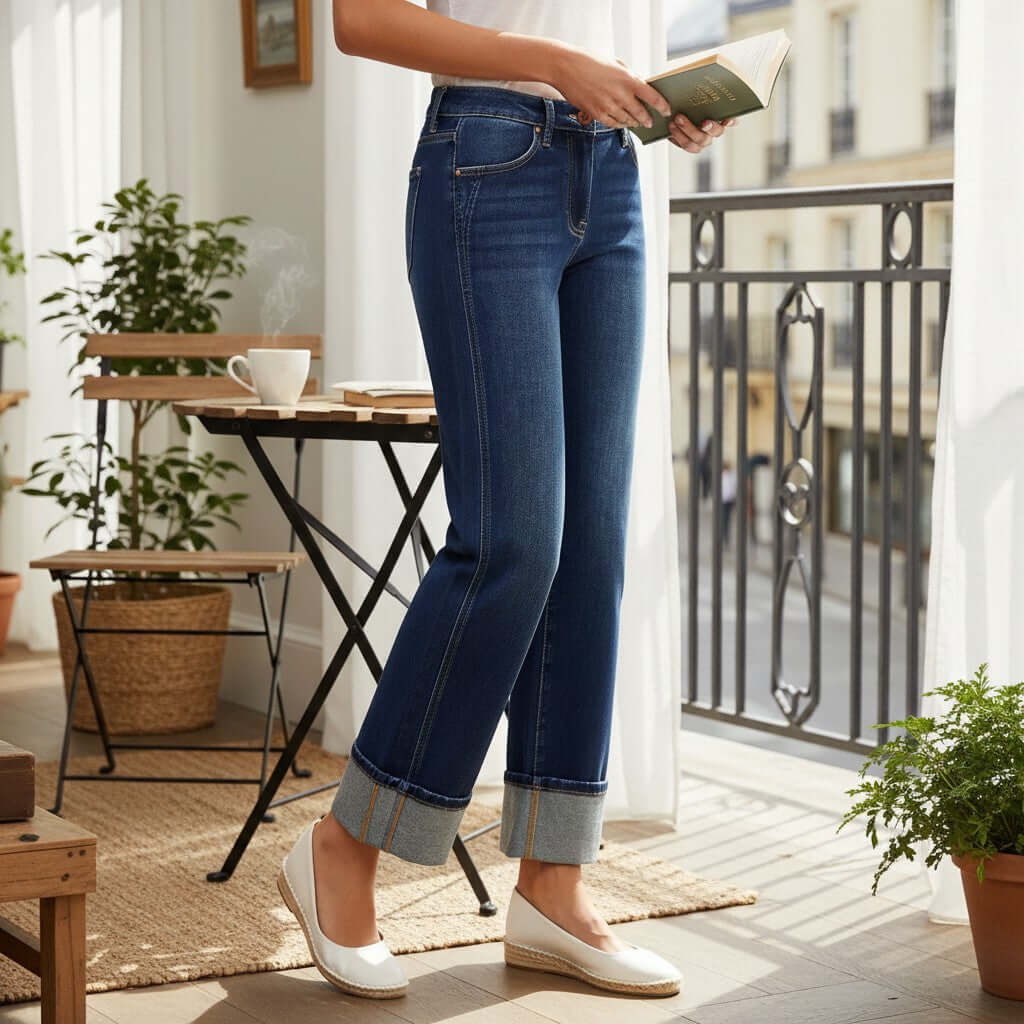 CHARLEIGH JEANS by Risen displayed on a model, featuring a mid-rise and wide leg silhouette in a dark wash.