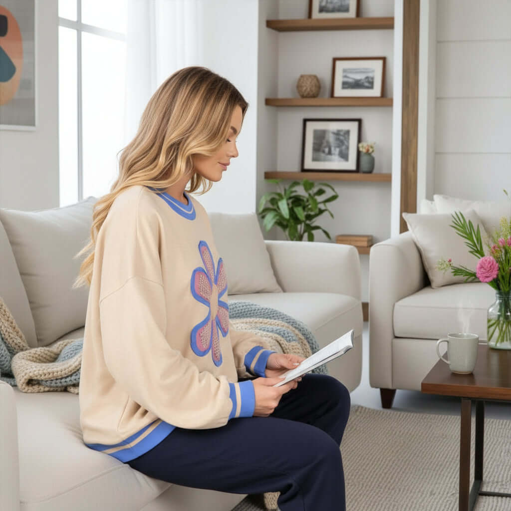 Young woman wearing DAYDREAM BELIEVER - Sage + Fig (beige) crew neck pullover while reading on a cozy couch.