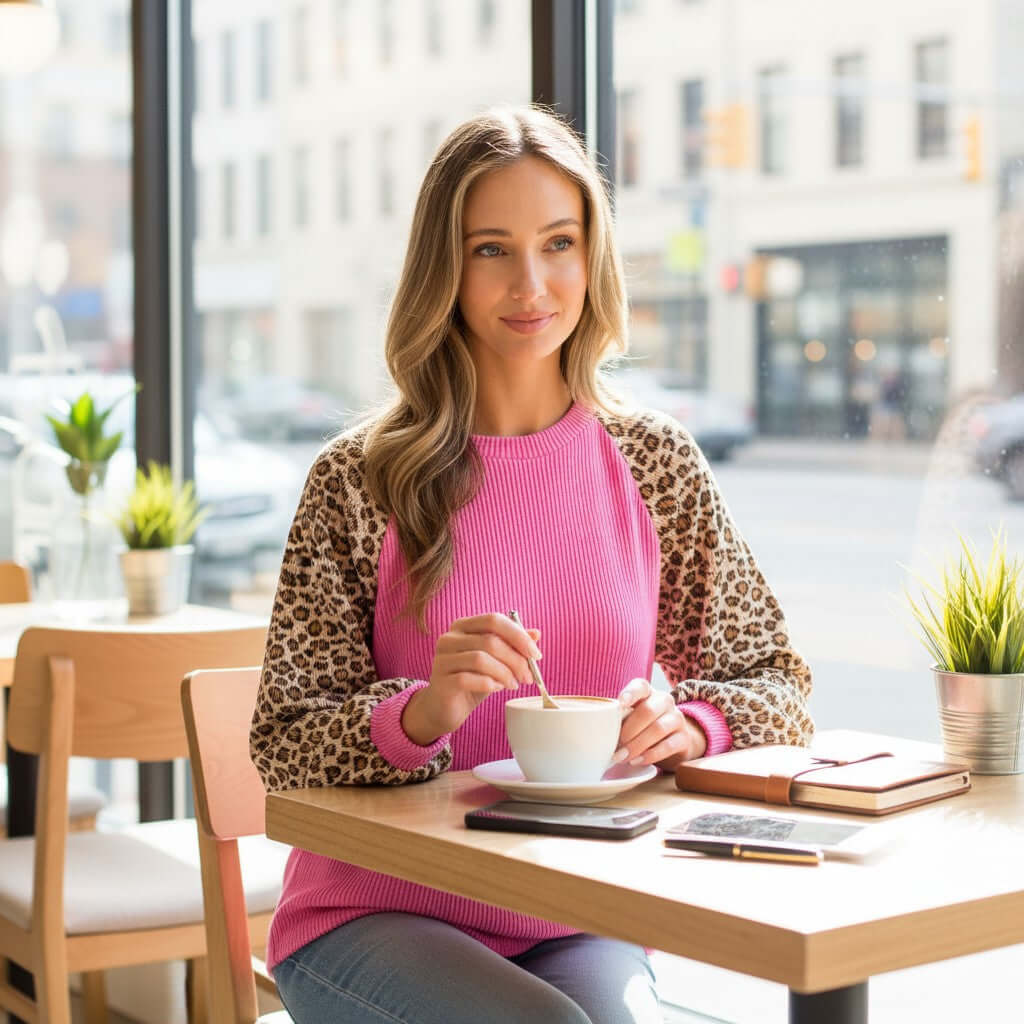 A woman enjoying coffee while wearing the WILD CRUSH TOP - Lovely Melody with hot pink and leopard sleeves.