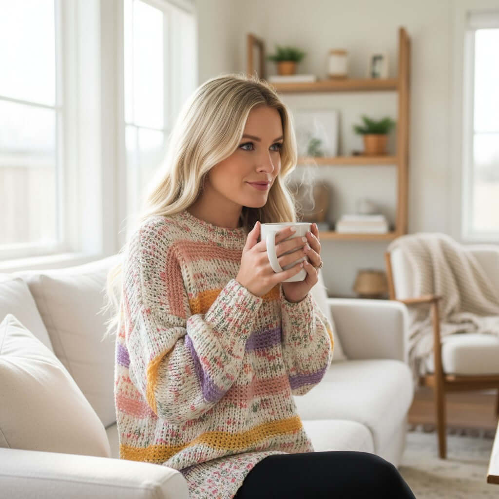 Model wearing EASY LIKE SUNDAY SWEATER while enjoying a warm drink in a cozy living room.