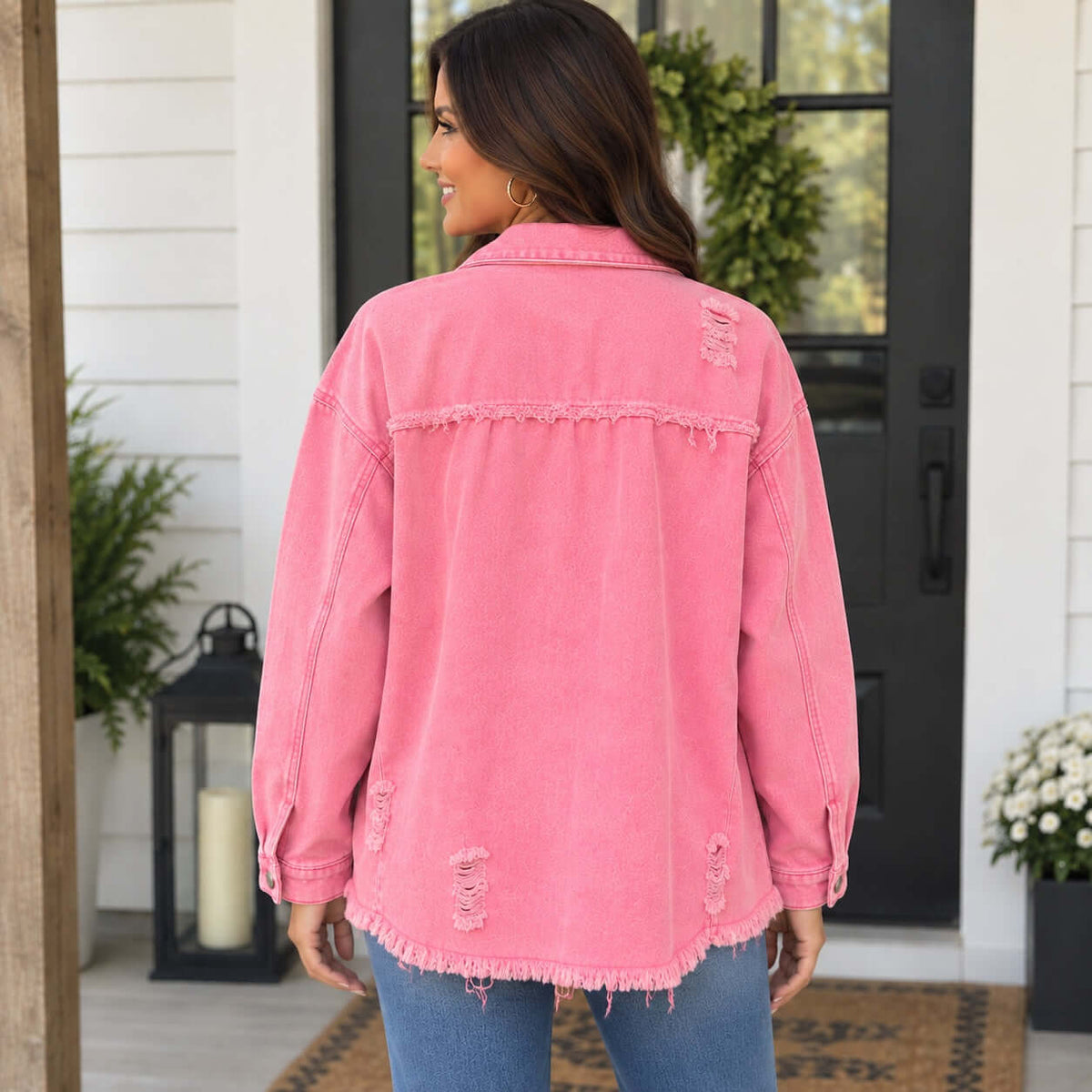 Back view of SWEET TALK JACKET by BiBi in pink with distressed details and relaxed fit.