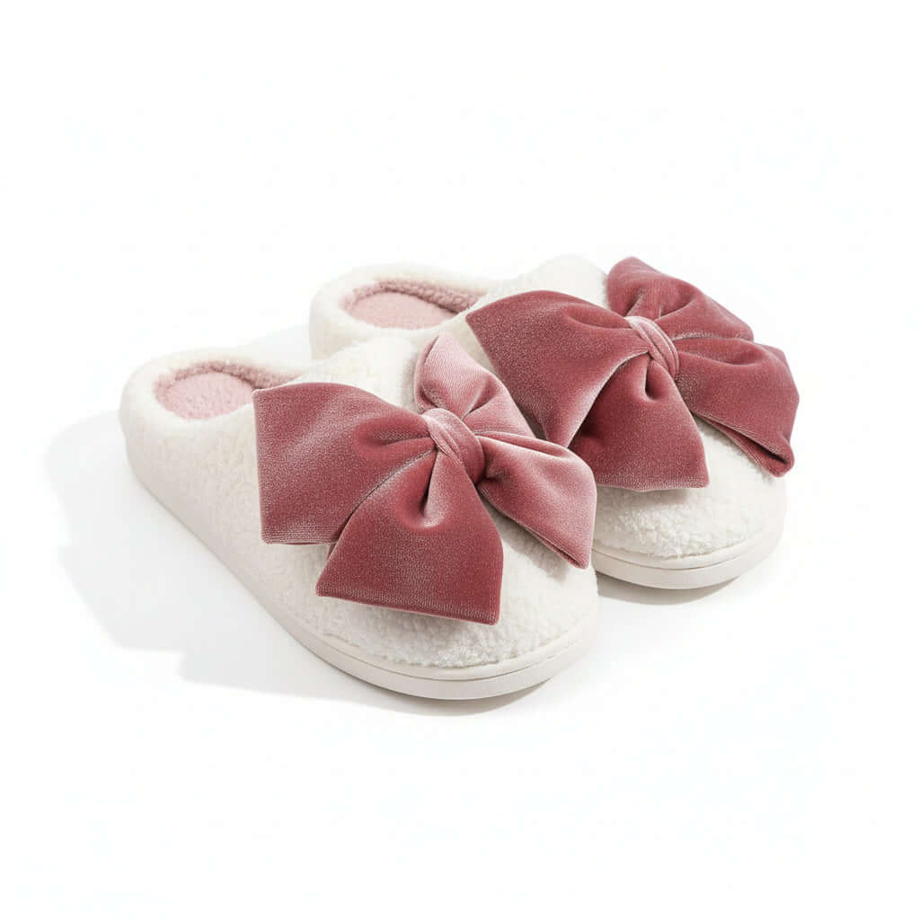 SWEET RETREAT BOW SLIPPERS with plush sherpa exterior and oversized velvet bows, perfect for cozy lounging.