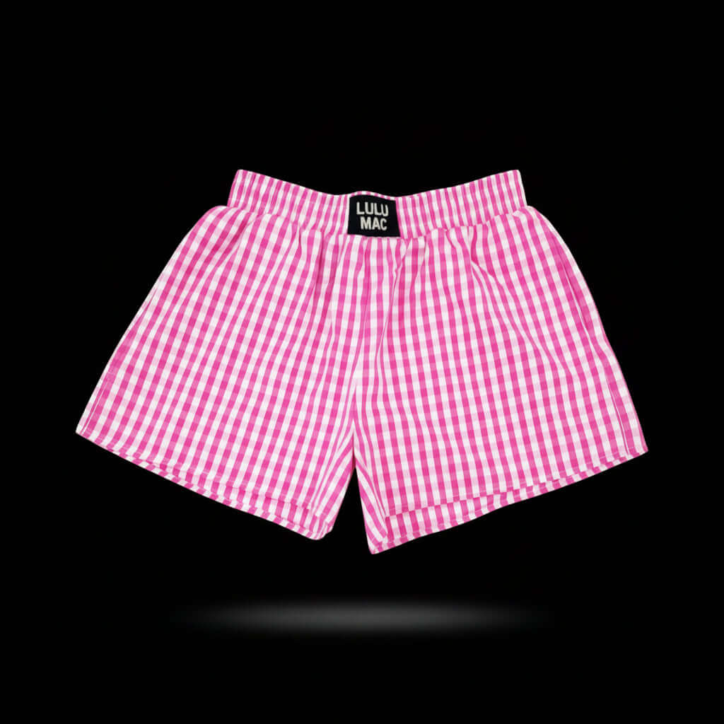 BXGH-PINK GINGHAM BOXER SHORTS in classic pink gingham pattern, perfect for lounging and casual wear.