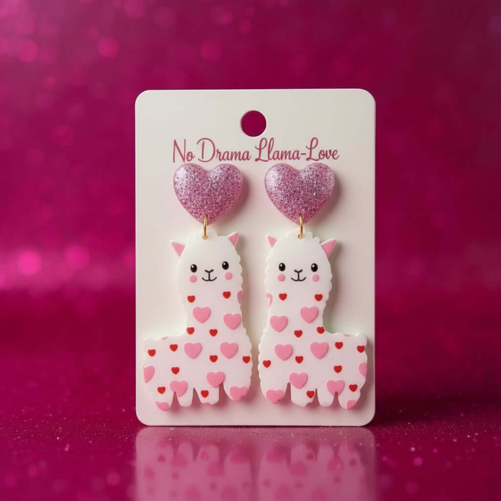 NO DRAMA LLAMA-LOVE EARRINGS featuring playful llama design with pink heart studs on a sparkly background.