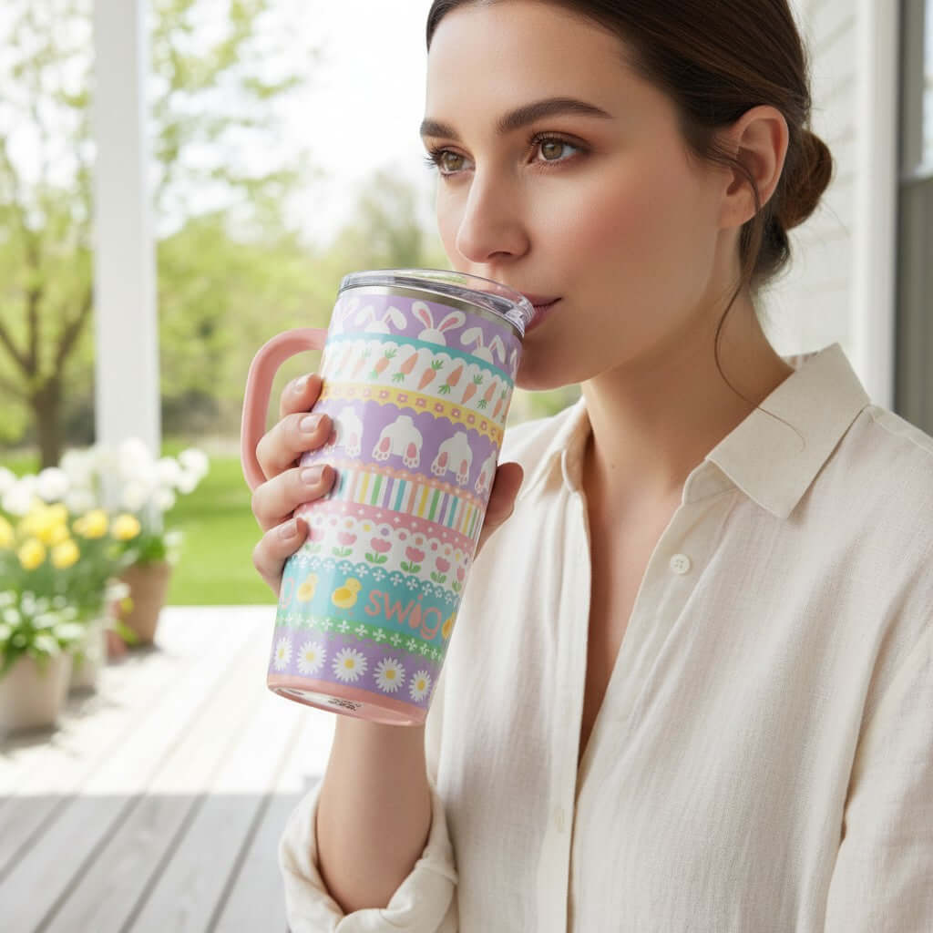 BUNNY TRAIL 22 OZ TRAVEL MUG - Swig Life being enjoyed by a woman outdoors with a pastel patchwork design.