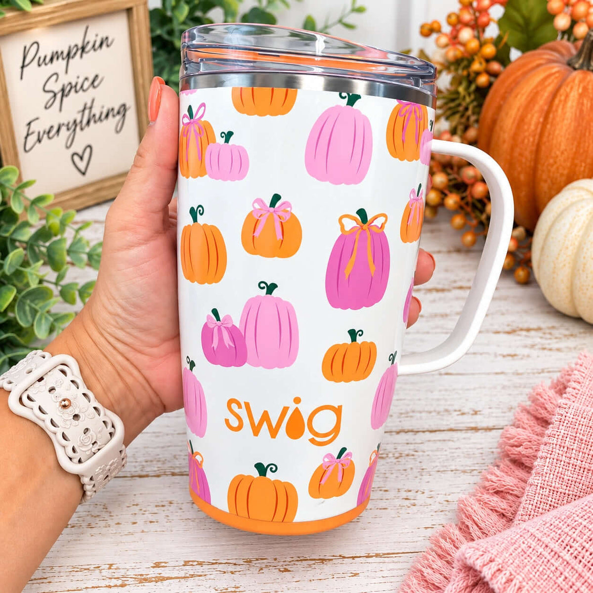PUMPKINS & BOWS TRAVEL MUG featuring colorful pumpkins on an ivory background, perfect for fall adventures.