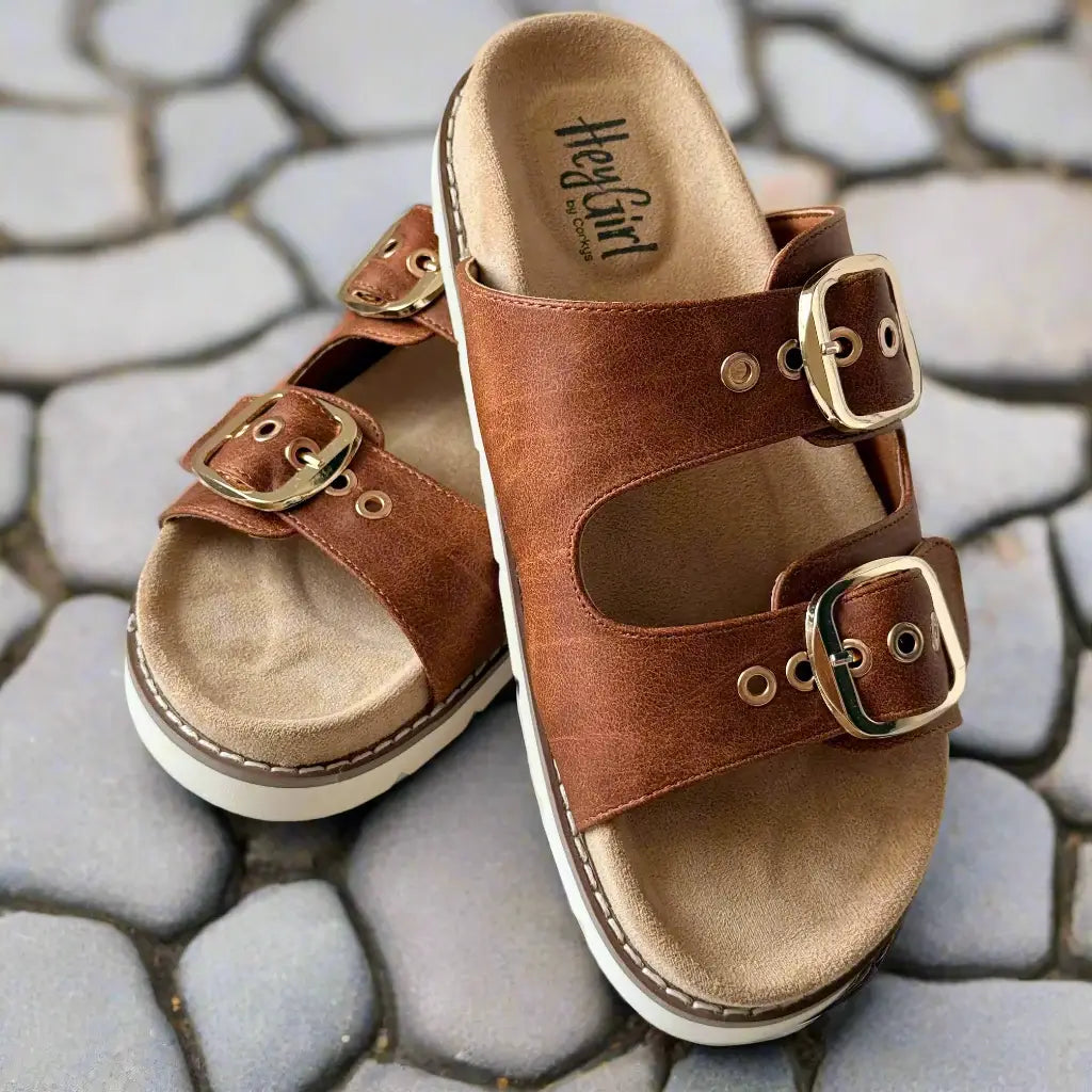 Brown Feelin' Saucy sandals with shiny gold buckles and cushioned footbed by Hey Girl for Corkys