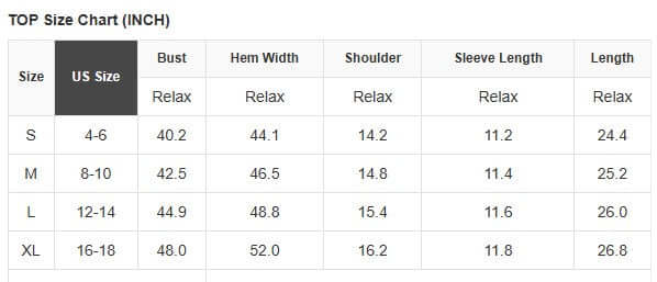 LEOPARD AND LACE TOP size chart showing bust, hem width, shoulder, sleeve length, and length measurements in inches.
