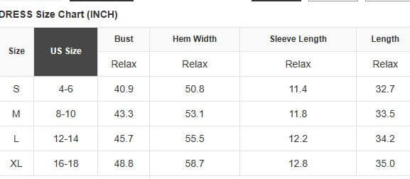 Boardwalk Belle Dress size chart detailing measurements for S, M, L, and XL options in inches.