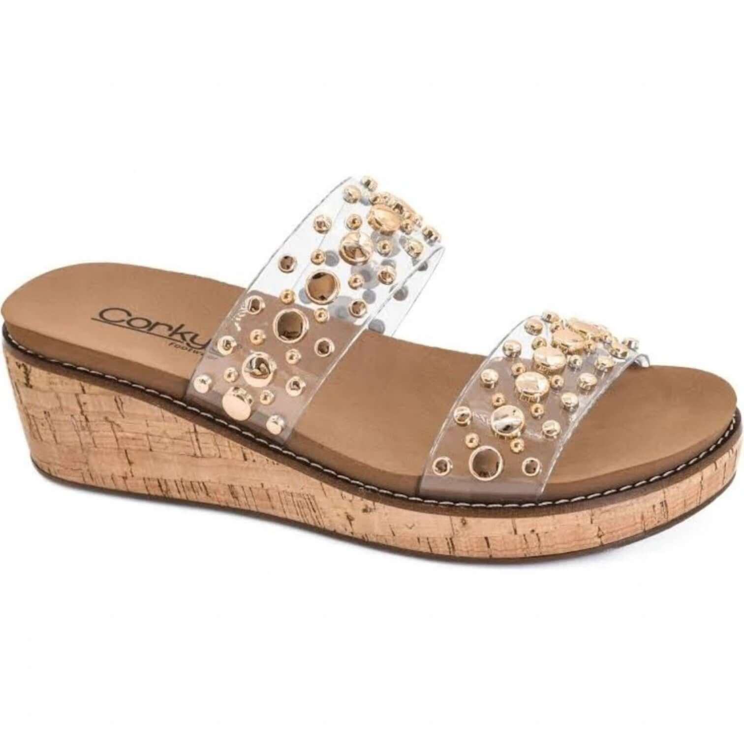 CORKYS - YES PLEASE CLEAR/GOLD WEDGES featuring transparent straps and gold studs on a cork wedge