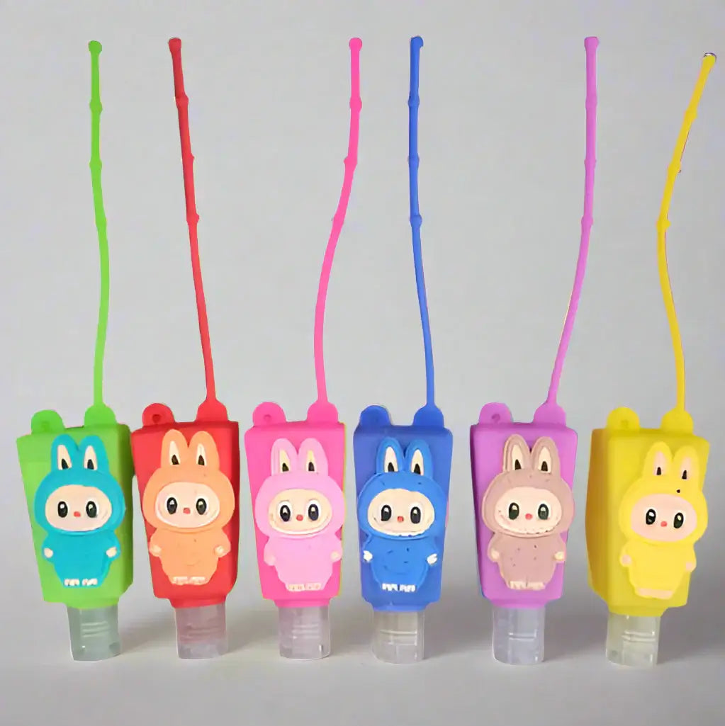 LABUBU hand sanitizers in fun colors with Labubu rubber cases and clips, perfect for on-the-go hygiene.