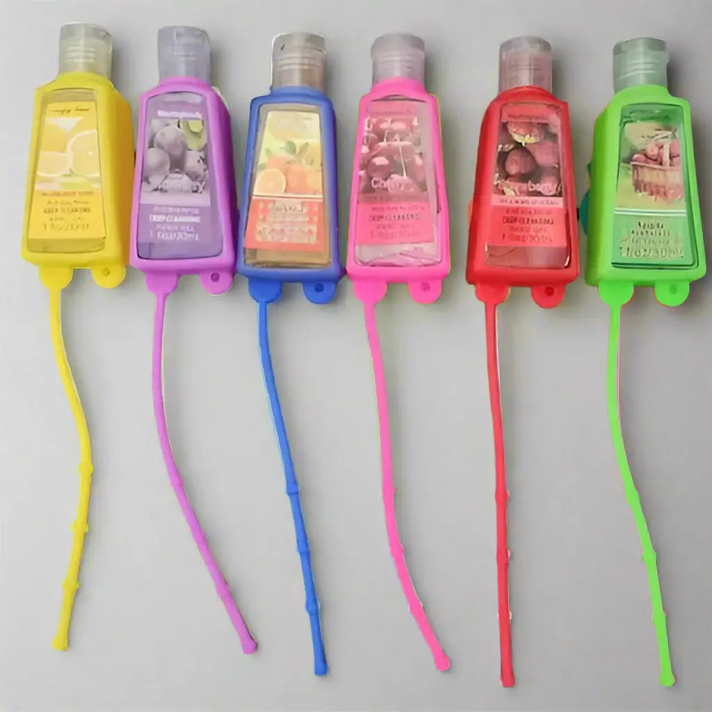 Colorful LABUBU hand sanitizers in six fruity scents, featuring fun cases for easy carrying.