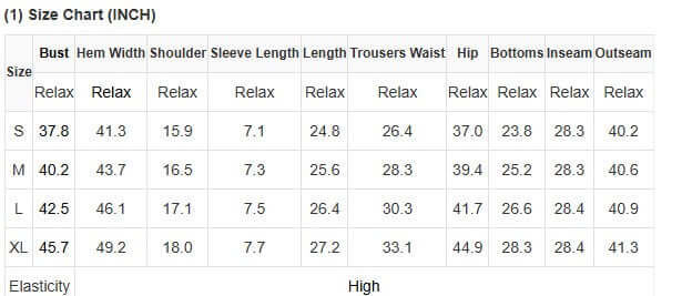 Size chart for NUTCRACKER NOEL PAJAMAS including measurements for bust, hem width, sleeve length, and more.