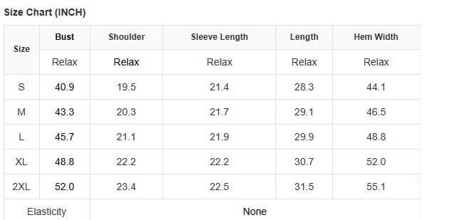 WARM IMPRESSIONS BUTTON DOWN size chart with measurements for S, M, L, XL, and 2XL in inches.