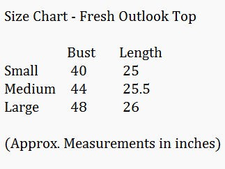 Size chart for FRESH OUTLOOK TOP - Umgee (green) showing bust and length measurements in inches.