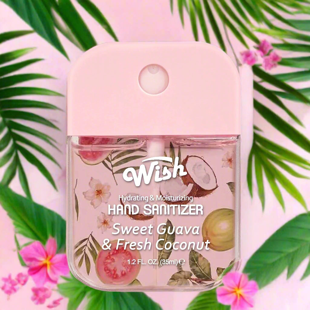 WISH Hand Sanitizer in Sweet Guava & Fresh Coconut scent, 1.2 FL OZ, moisturizing formula on tropical background.
