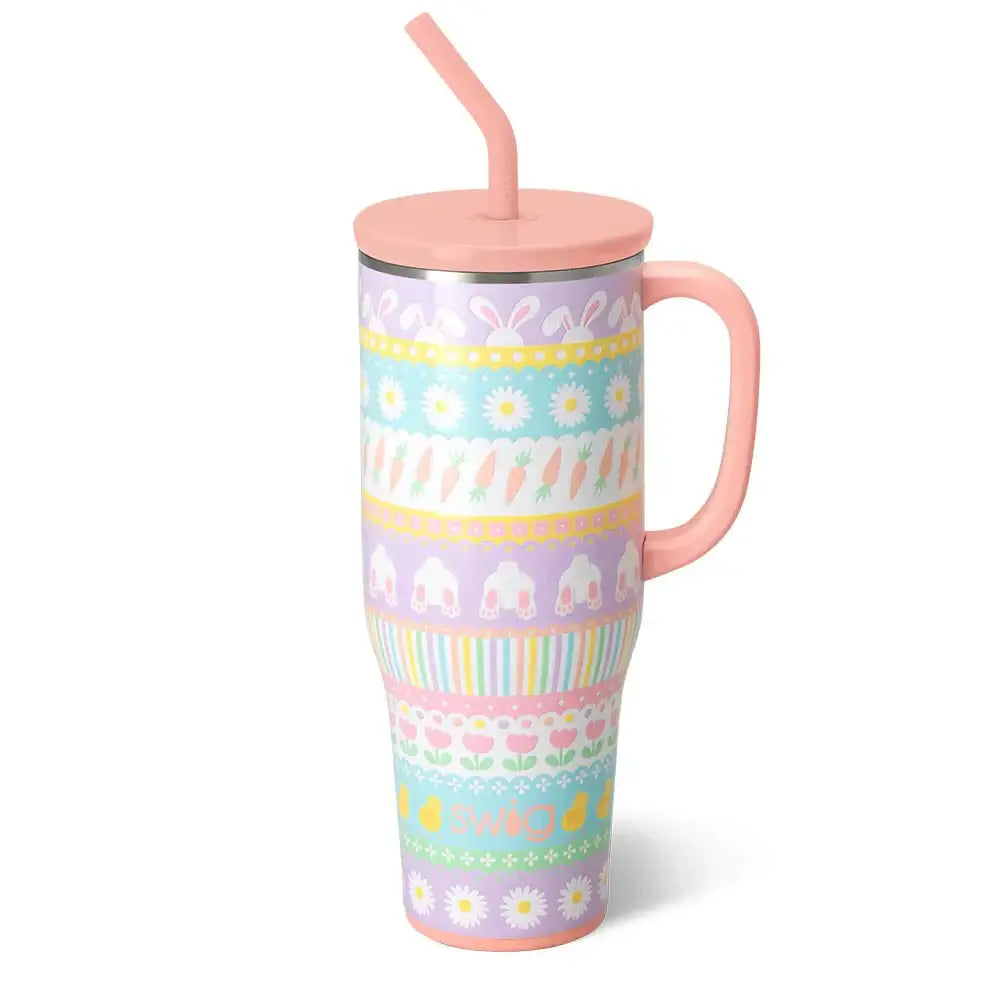 BUNNY TRAIL 40 OZ MEGA MUG - Swig Life with pastel bunnies, carrots, flowers, and a reusable straw.