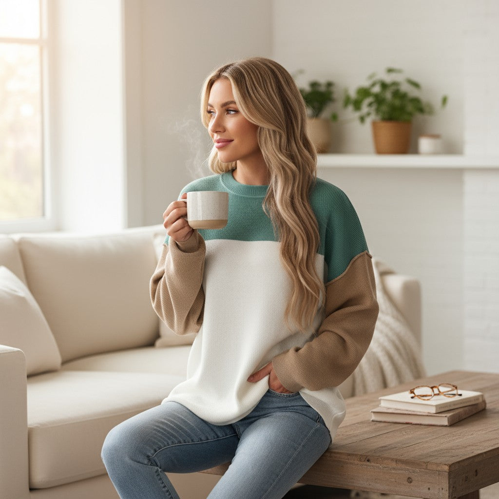 Model enjoying a warm drink while wearing the MOUNTAIN AIR SWEATER in a cozy living room setting.